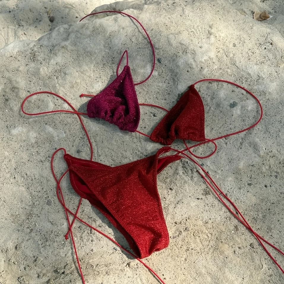 Bikini triangulaire à paillettes sexy pour femmes, maillot de bain à la mode avec lacets, vêtements 