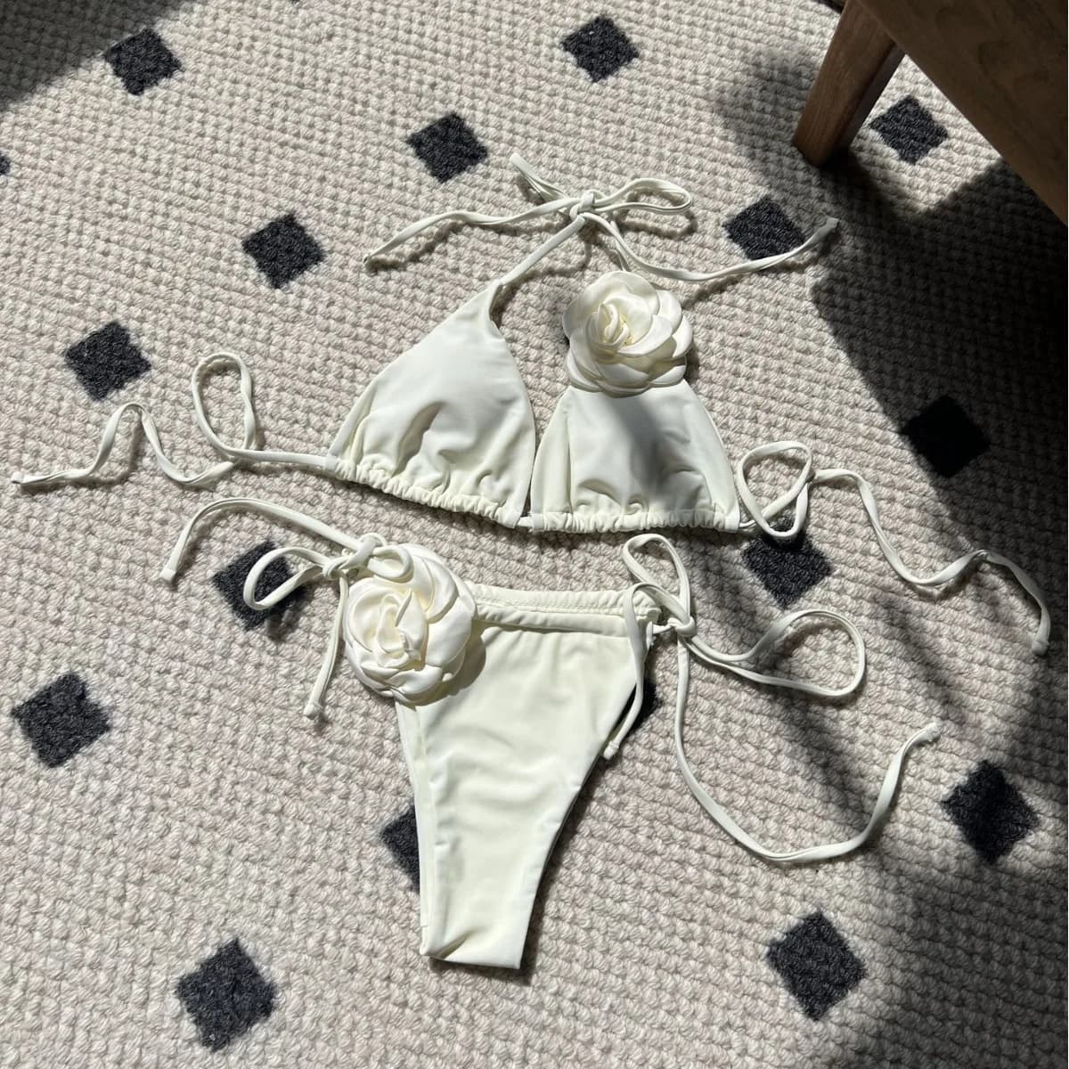 Solide Rose imprimé cordon de serrage à nouer deux pièces Bikini ensemble maillots de bain femme Bik