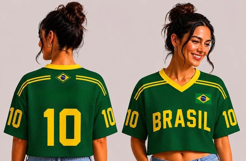 T-shirt ample à col en V avec rayures vertes et jaunes style streetwear, maillot de football Brésil 