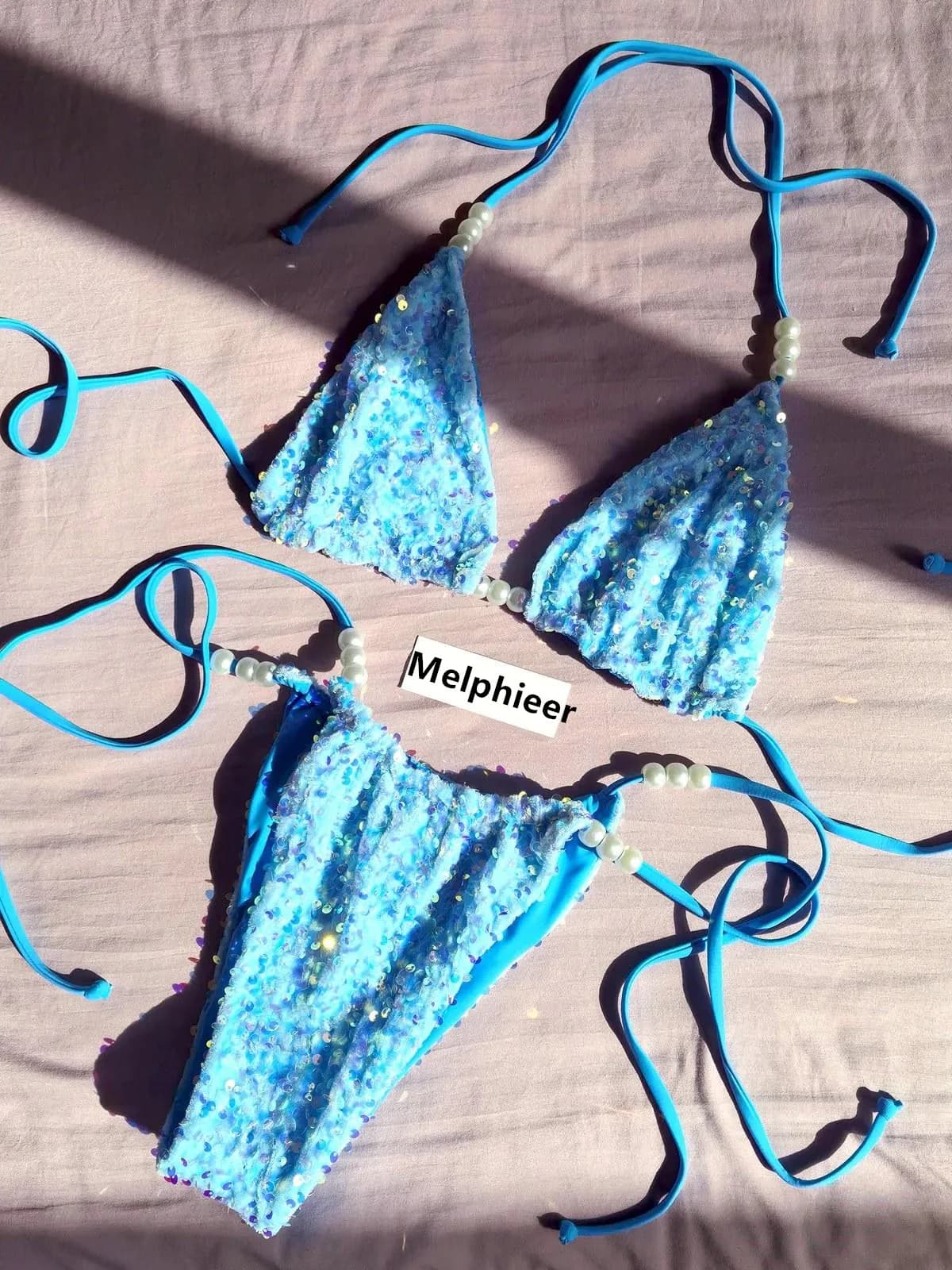 Melphieer Ensemble de bikinis 2 pièces pour femme, à paillettes et sequins, maillot de bain de luxe 