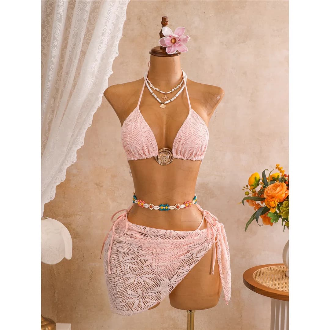 Maillot de bain femme trois pièces imprimé feuilles de sarong, bikini halter, ensemble de bain K8367