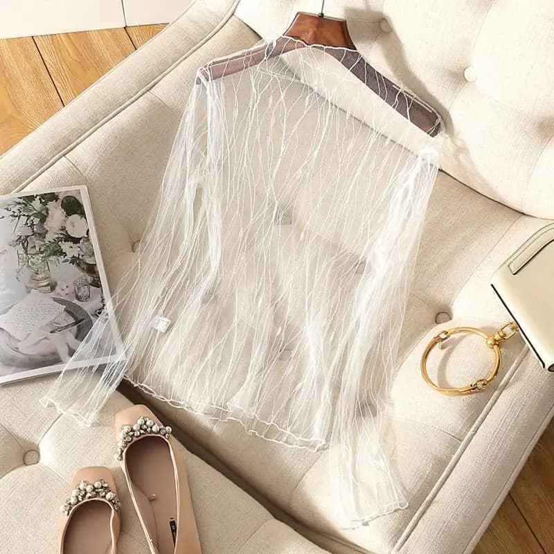 Dentelle transparente femmes T-Shirt mode maille été mince bas chemise Transparent à manches longues