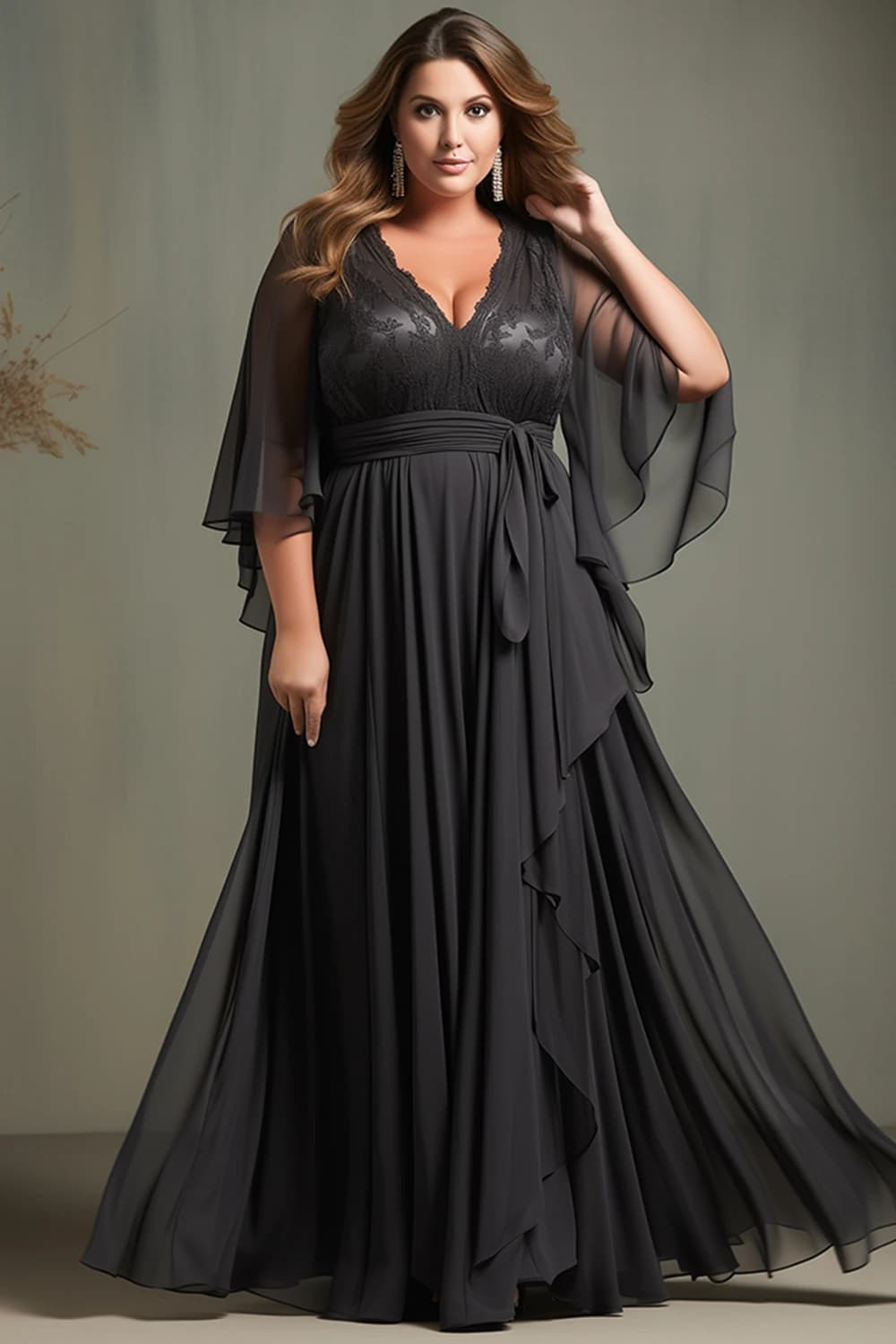 Flycurvy grande taille invité de mariage en mousseline de soie noire dentelle manches flottantes our