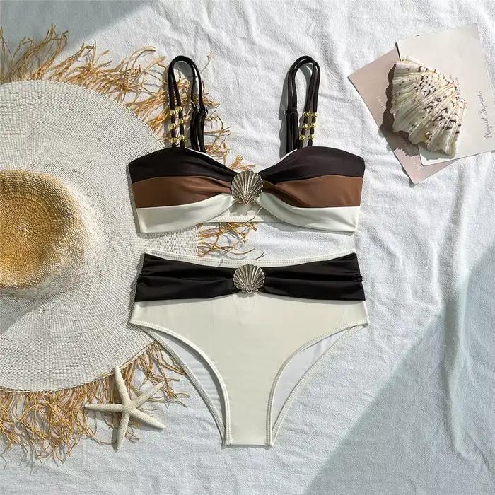 2026 Maillot de bain femme deux pièces à coque métallique, taille haute, ensemble bikini V7818
