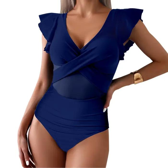 Maillot de bain une pièce pour femme 2026, séchage rapide, sport, couleur unie, col en V, manches co