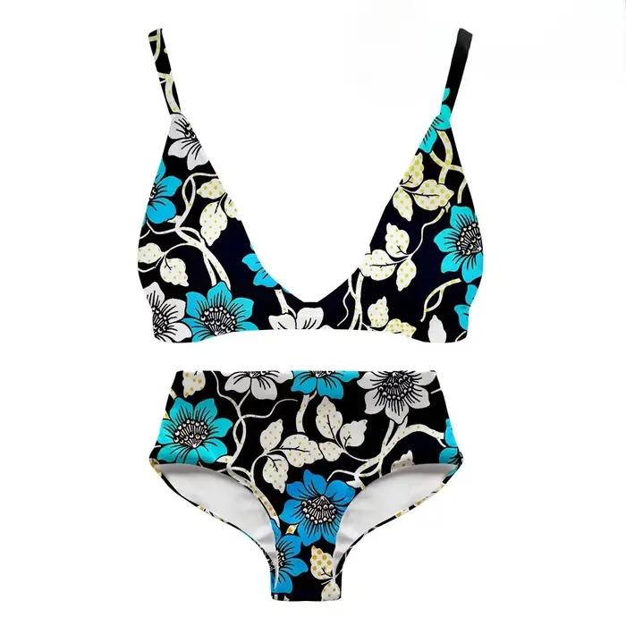 Femmes Sexy Bikini maillot de bain taille haute fleurs imprimé décontracté multicolore dos nu maillo