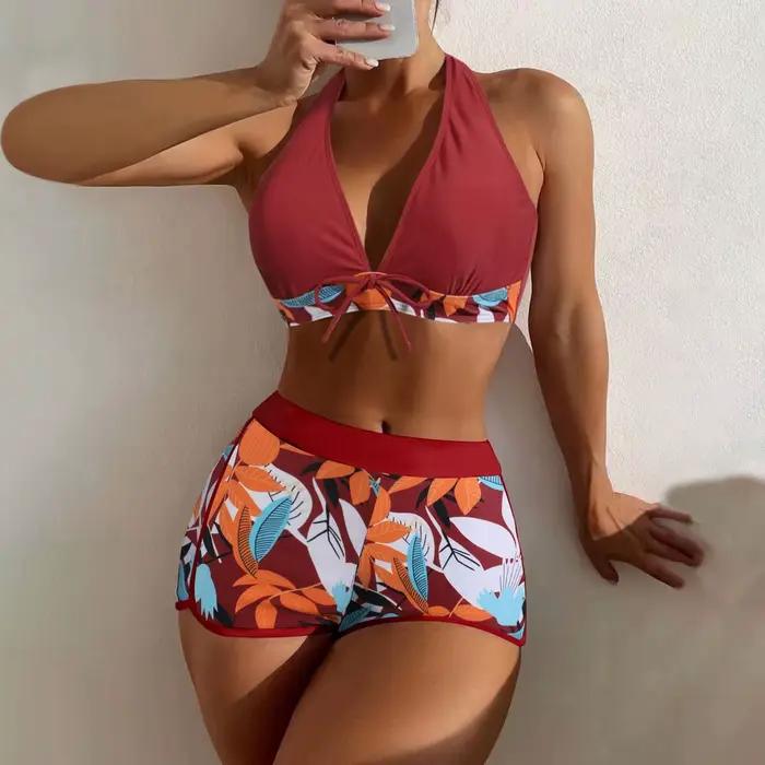 Femmes lambrissé imprimé maillot de bain dames mode Sexy fendu Boxer taille haute maillot de bain de