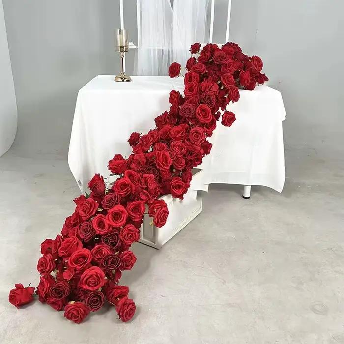 Rose Rose fleur artificielle rangée Long coureur rouge blanc Rose mariage toile de fond décor Arrang