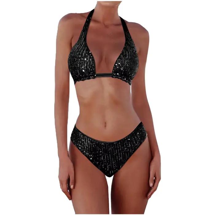 Ensemble de bikini scintillant à paillettes pour femmes, maillot de bain sexy brésilien à col halter
