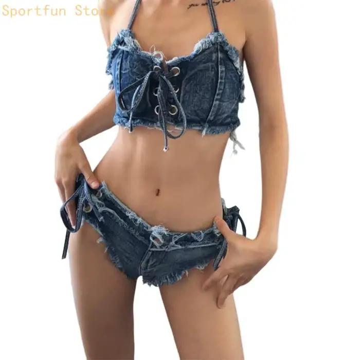Maillot bain deux pièces en jean pour femmes, col licou, pour les vacances, X7JD