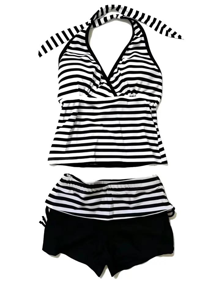 Maillot de bain tankini rayé pour femme, ensemble 2 pièces, col en V, avec bas de maillot de bain sh
