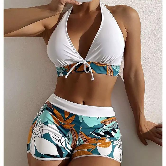 Ensemble de maillot de bain deux pièces pour femme, style halter à nouer sur le devant, imprimé feui