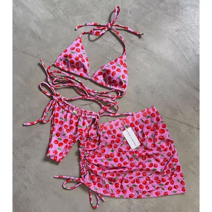 3 pièces ensemble Bikini avec Mini jupe femmes maillots de bain 2024 Sexy Bikinis Bandeau Push Up ma