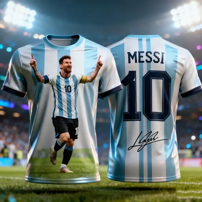 Maillot de football rayé signature Messi N°10 Argentine, imprimé 3D intégral, respirant, streetwear