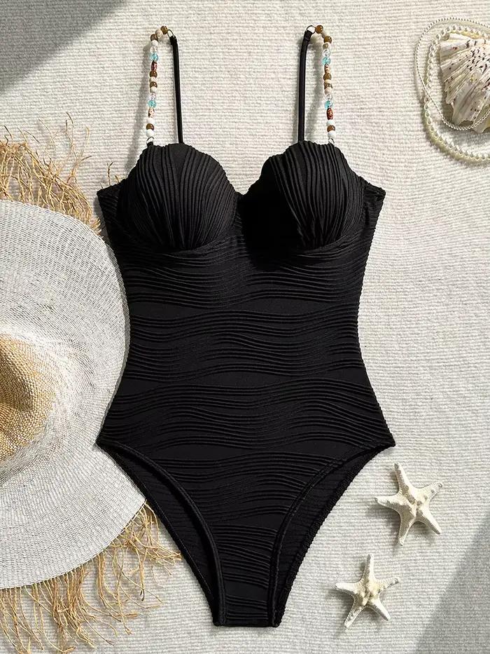 Maillot de bain une pièce femme froncé à armatures et perles, coupe haute, monokini, combinaison de