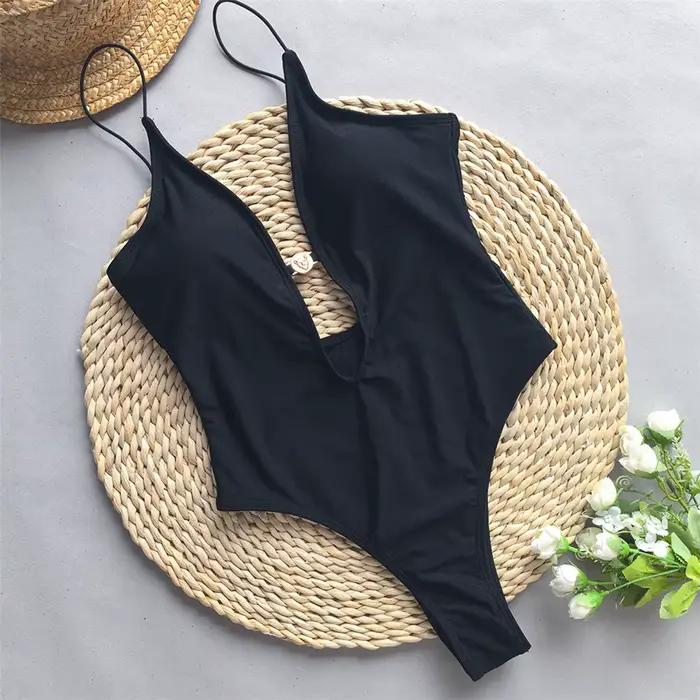 Sexy col en V profond cravate colorant découpé une pièce maillot de bain femmes maillots de bain fem