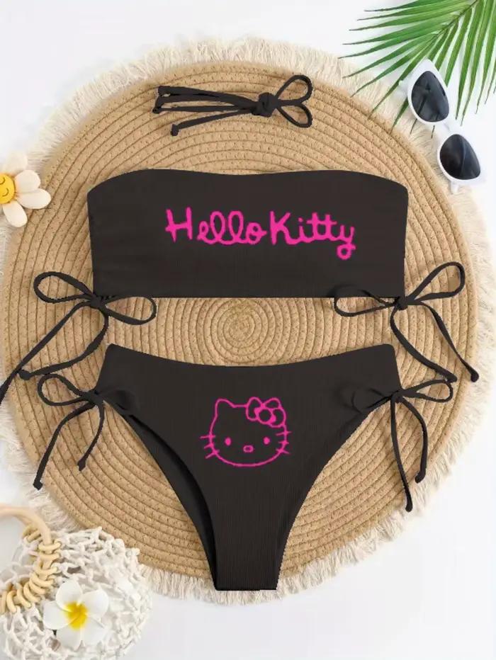 Maillot de bain deux pièces imprimé Hello Kitty, style Hot Girl, bikini bandeau à nouer, très tendan