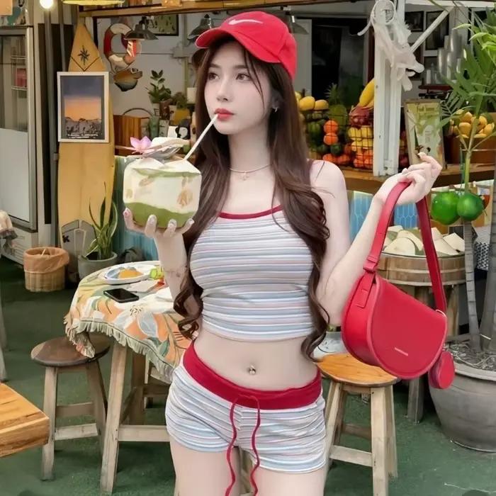 Ensemble Bikini rayé de Style coréen pour femmes, mignon mais sensuel, haut col licou, short taille