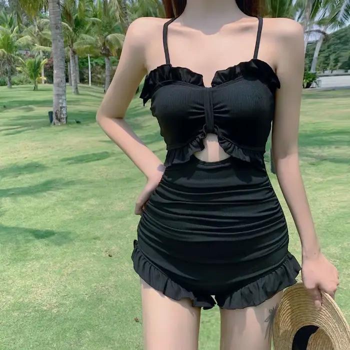 Nouveau Maillot de Bain Une Pièce Sexy à Volants Plissés pour Femme, Idéal Vacances à la Plage, Uni,