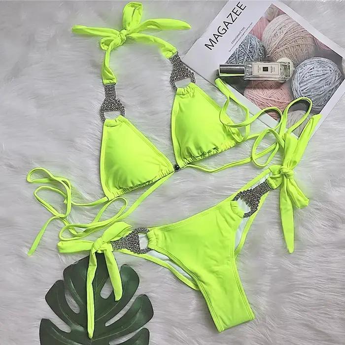 Maillot de bain vert néon pour femmes, bikini dos nu diamant, ensemble deux pièces, culotte taille b
