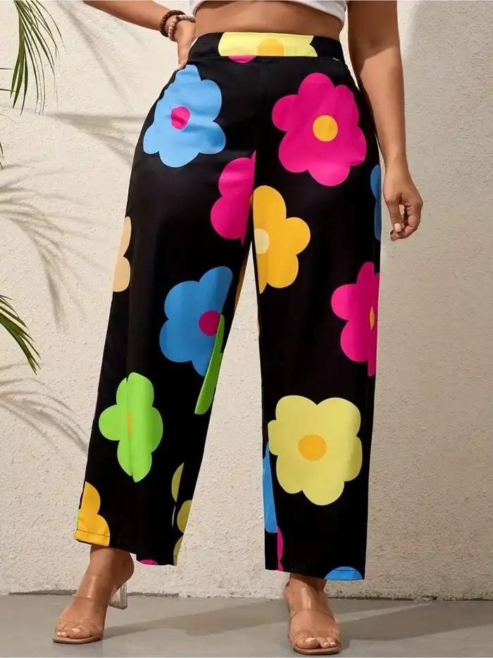 Pantalon large à imprimé floral coloré pour femmes, taille haute, style vacances, printemps-été, cou