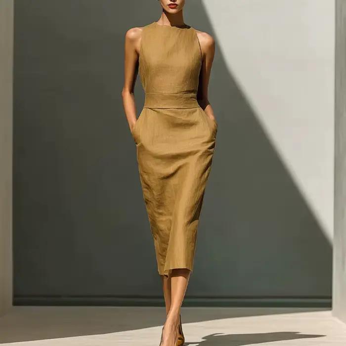 Robe longue fourreau bohème d'été sans manches taille haute pour femme, col rond, élégante, unie ave