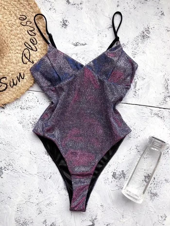 Nouveau Sexy paillettes une pièce maillot de bain pour les femmes Bling-bling découpé