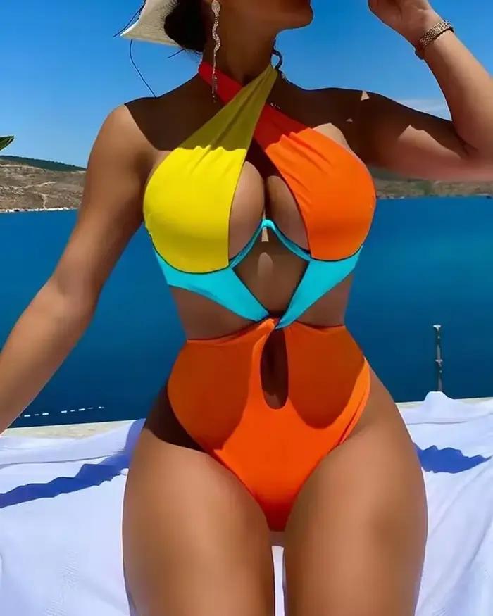 Maillot de bain une pièce sexy rose contrastant 2026 pour femme, style halter croisé avec armatures et découpes, idéal pour la plage et les vacances, coupe ajustée, maillot de bain bikini