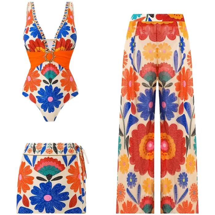 Nouvel ensemble de maillots de bain bohèmes imprimés pour femmes 2026 – Maillot de bain tendance avec short et pantalon long, maillot de bain une pièce très élastique