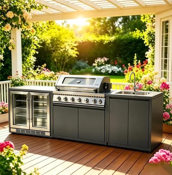 Cuisines complètes : Offre de cuisines extérieures complètes, ensemble d'armoires durables avec îlots et chariots de cuisine, ensemble de casseroles de cuisine