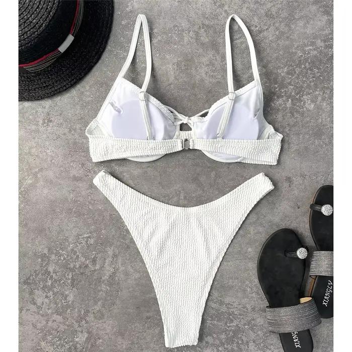 Nouveau Maillot de Bain Femme Sexy Blanc Plissé Taille Mi-Haute