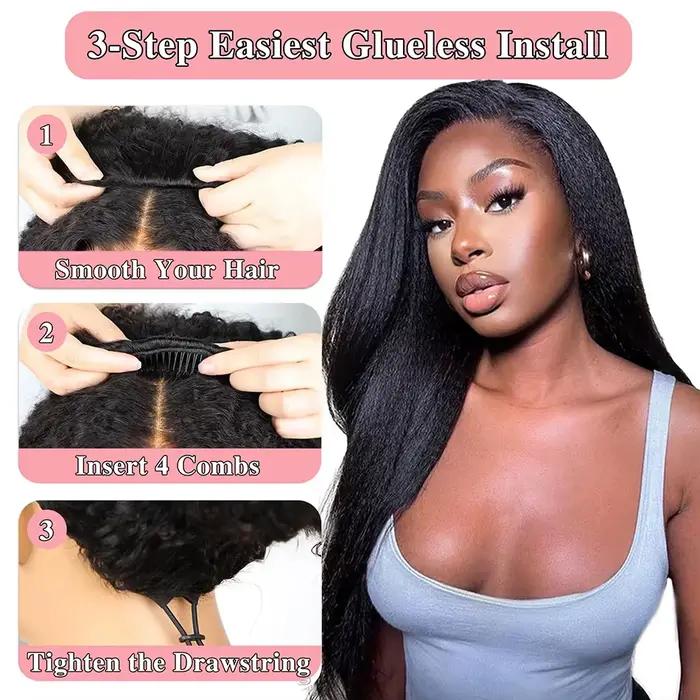Demi-perruque droite crépue cheveux humains sans colle perruque cheveux humains prêt à porter 3 en 1 demi-perruque cordon Yaki perruque droite sans colle