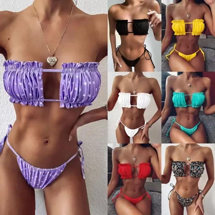 Maillot de bain plissé sexy pour femmes, bikini deux pièces, vêtements de plage, pour vacances, plage, piscine, spa et sources chaudes