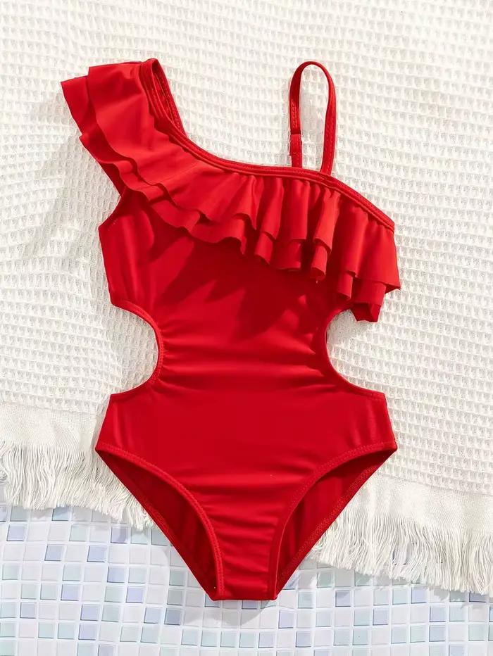 Maillot de bain une pièce à volants et épaule dénudée pour filles, couleur unie, pour adolescentes, maillot de bain pour enfants, vêtements de plage