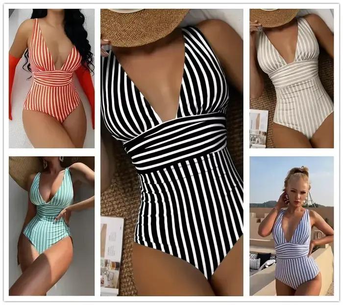 Maillot de bain une pièce rayé vintage col en v pour femmes vêtements de plage été 2023 polyester ajustement parfait occassions spéciales