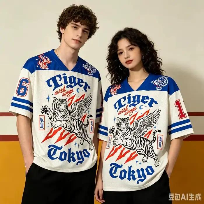 T-shirt unisexe style japonais rétro avec tigre à ailes imprimé en 3D, col en V, mode décontractée Y2K, respirant et à séchage rapide