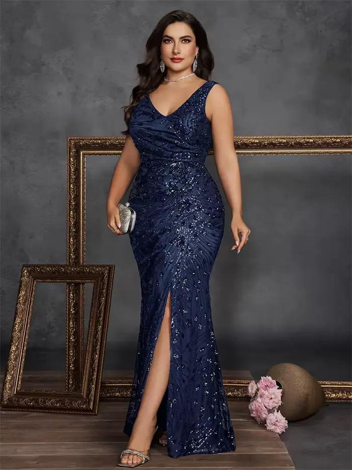 Grande taille élégante fente robe de soirée 2025 femmes longue sirène formelle paillettes col en v Caicktail fête de mariage robe de remise des diplômes