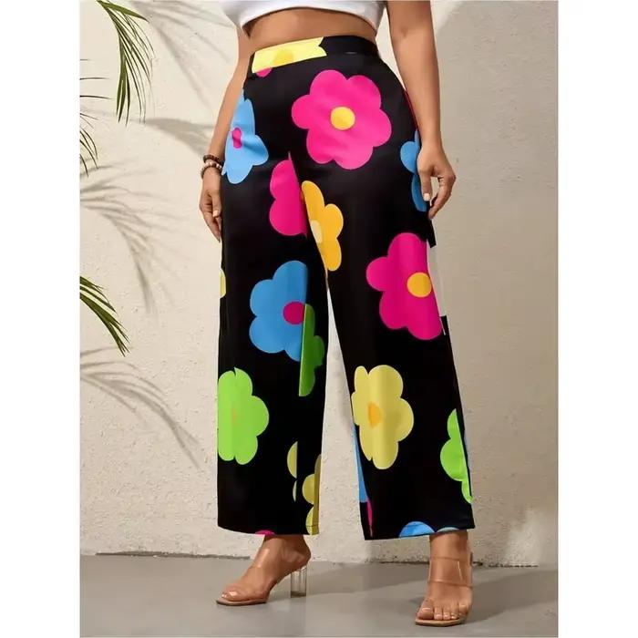 Pantalon large à imprimé floral coloré pour femmes, taille haute, style vacances, printemps-été, coupe confortable, pantalon décontracté