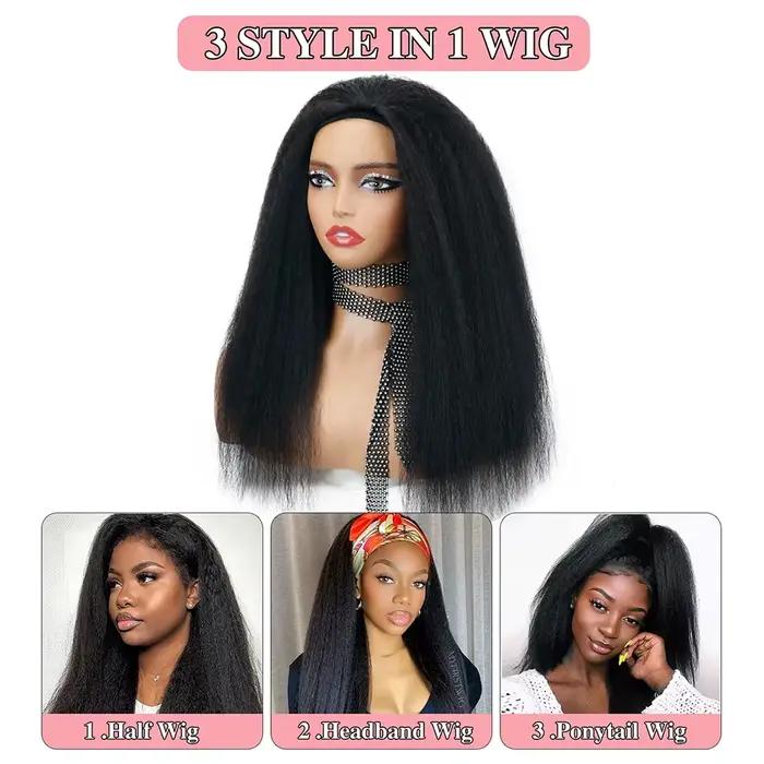 Demi-perruque droite crépue cheveux humains sans colle perruque cheveux humains prêt à porter 3 en 1 demi-perruque cordon Yaki perruque droite sans colle
