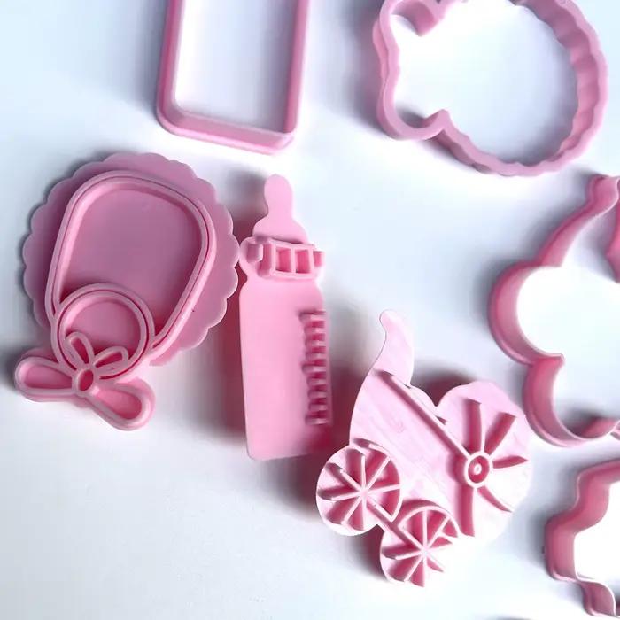 Coupe-biscuits 4 pièces thème bébé pâte timbre en plastique 3D dessin animé pressable Biscuit moule confiserie cuisson pâtisserie ustensiles de cuisson