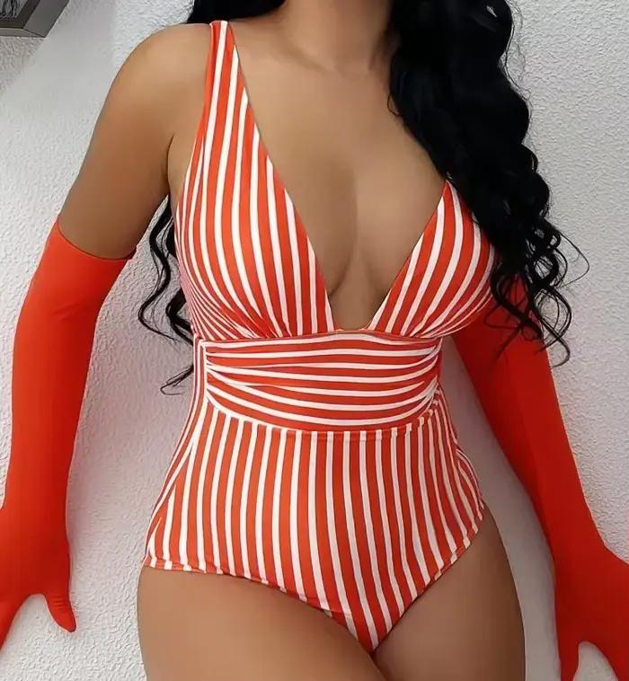 Maillot de bain une pièce rayé vintage col en v pour femmes vêtements de plage été 2023 polyester ajustement parfait occassions spéciales