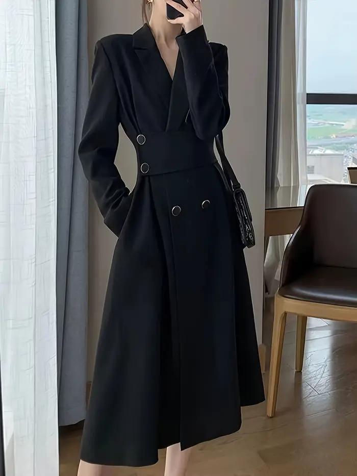 Une robe noire à manches longues qui est amincissante et élégante, avec un design de style costume.