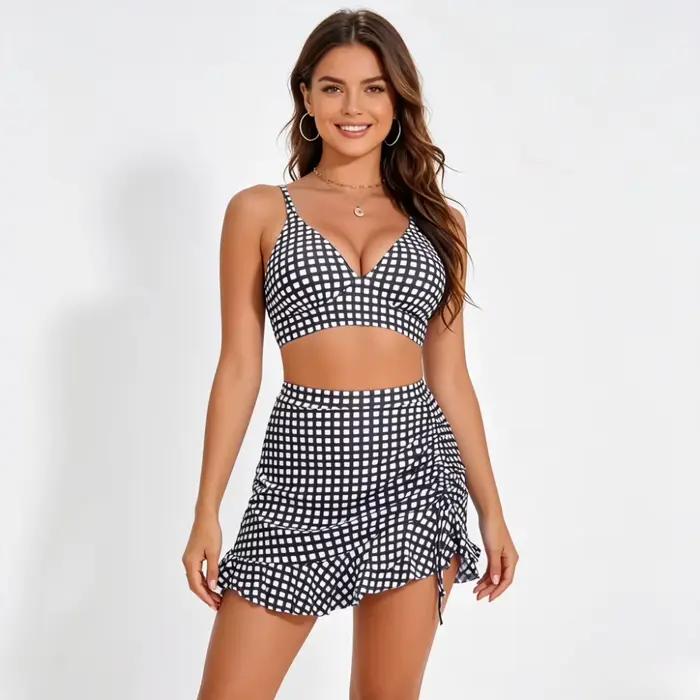 Maillot de bain tankini 3 pièces à carreaux gingham 2026 avec jupe à volants