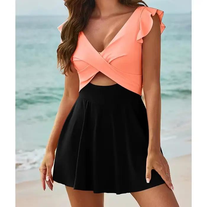 Décontracté solide une pièce maillot de bain femmes Sexy col en V croix volants