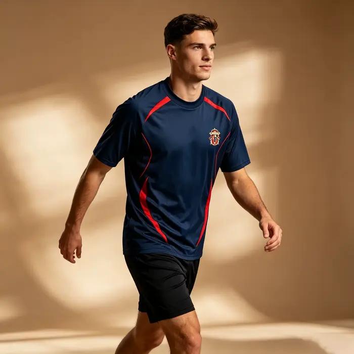 Maillot d'entraînement de football espagnol pour hommes, 3 couleurs, rouge, jaune, bleu, à empiècements, séchage rapide, t-shirt de sport à manches courtes pour supporters