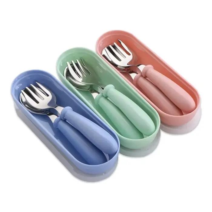 Ensemble d'ustensiles pour enfants, 3 pièces, cuillère fourchette en acier inoxydable 304 pour tout-petits avec étui Portable, couverts de voyage pour enfants, vaisselle cadeau