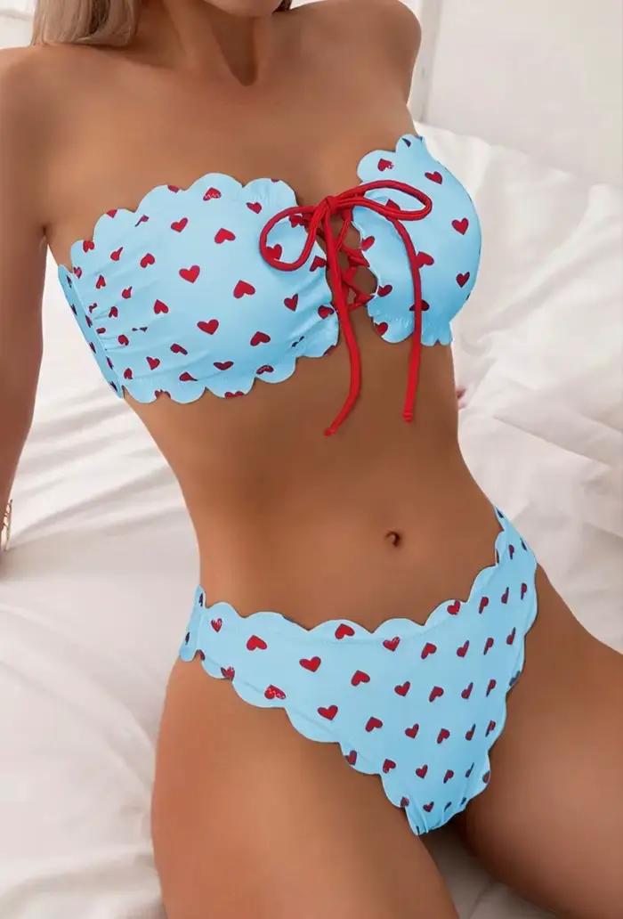 Cikini Swim Mod coeur imprimé Bandeau Bikini ensemble Valentine été maillot de plage
