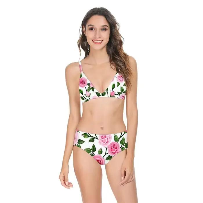 Femmes Sexy Bikini maillot de bain taille haute fleurs imprimé décontracté multicolore dos nu maillots