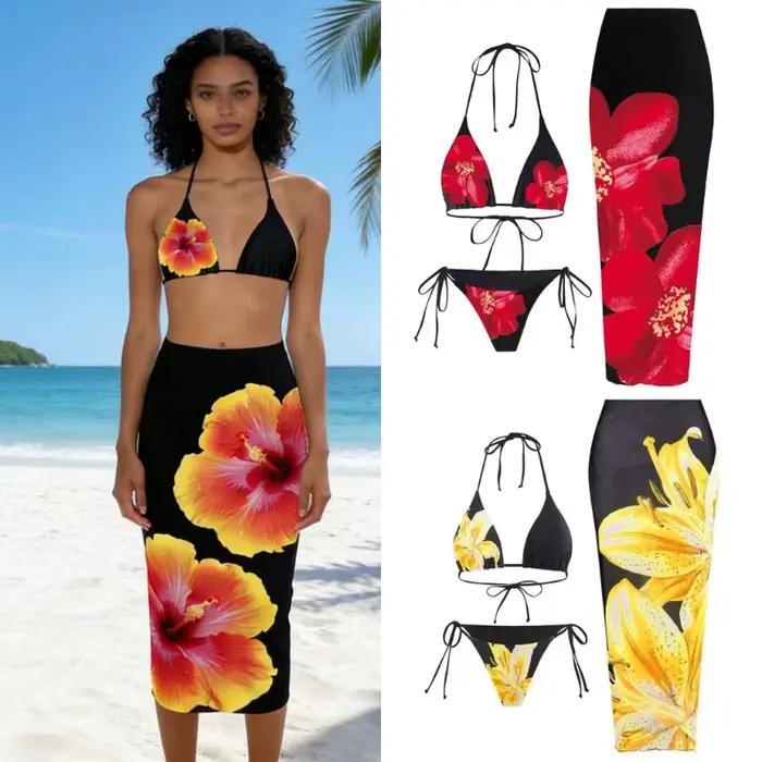 Maillot bain 3 pièces pour avec jupe tankini à floral élégant offrant une couverture tissu doux