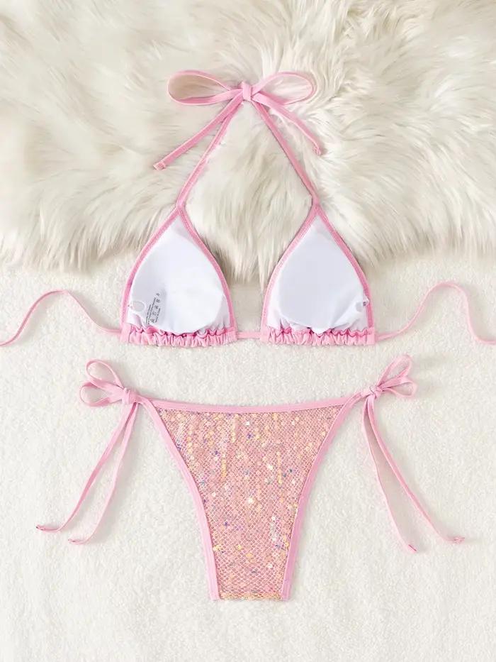 Brillant paillettes noir Bikini ensemble femmes Sexy Push Up soutien-gorge cravate côté Triangle maillot de bain 2025
